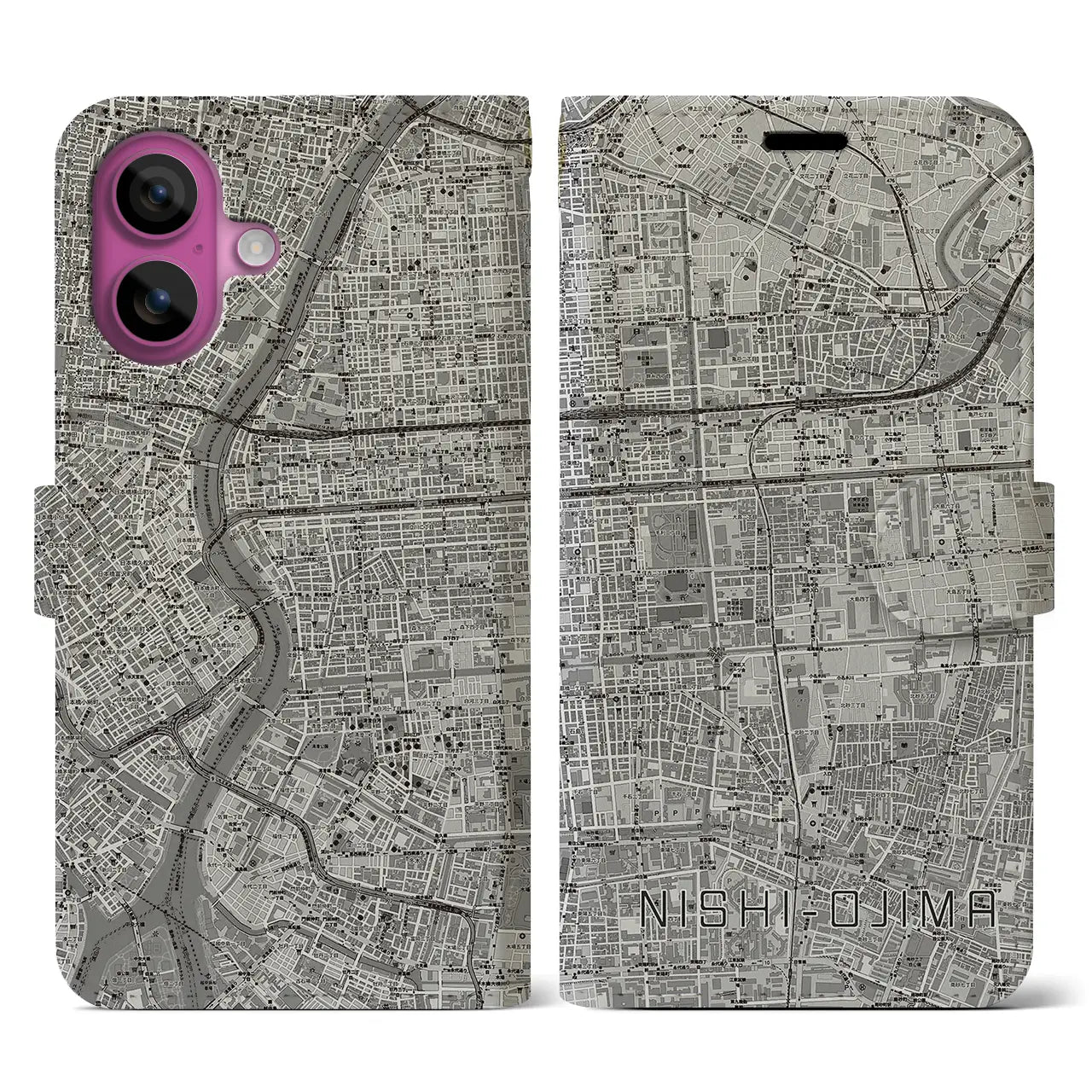 【西大島(東京都)】地図柄iPhoneケース(手帳タイプ)モノトーン・iPhone 16 Pro 用