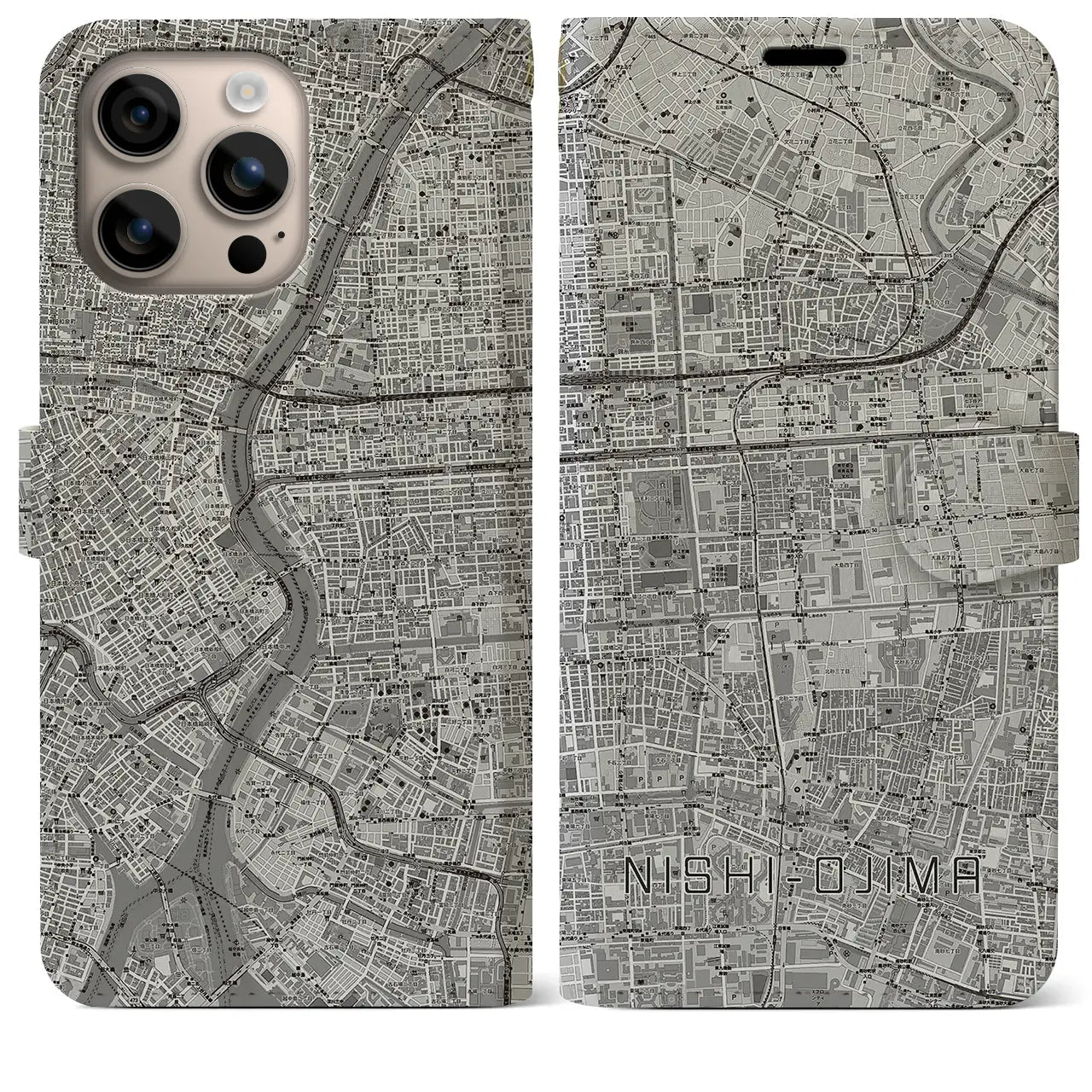 【西大島(東京都)】地図柄iPhoneケース(手帳タイプ)モノトーン・iPhone 16 Plus 用