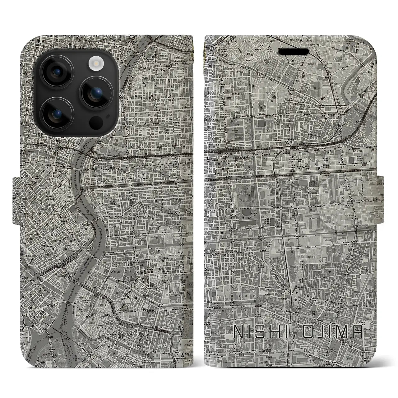 【西大島(東京都)】地図柄iPhoneケース(手帳タイプ)モノトーン・iPhone 16 用