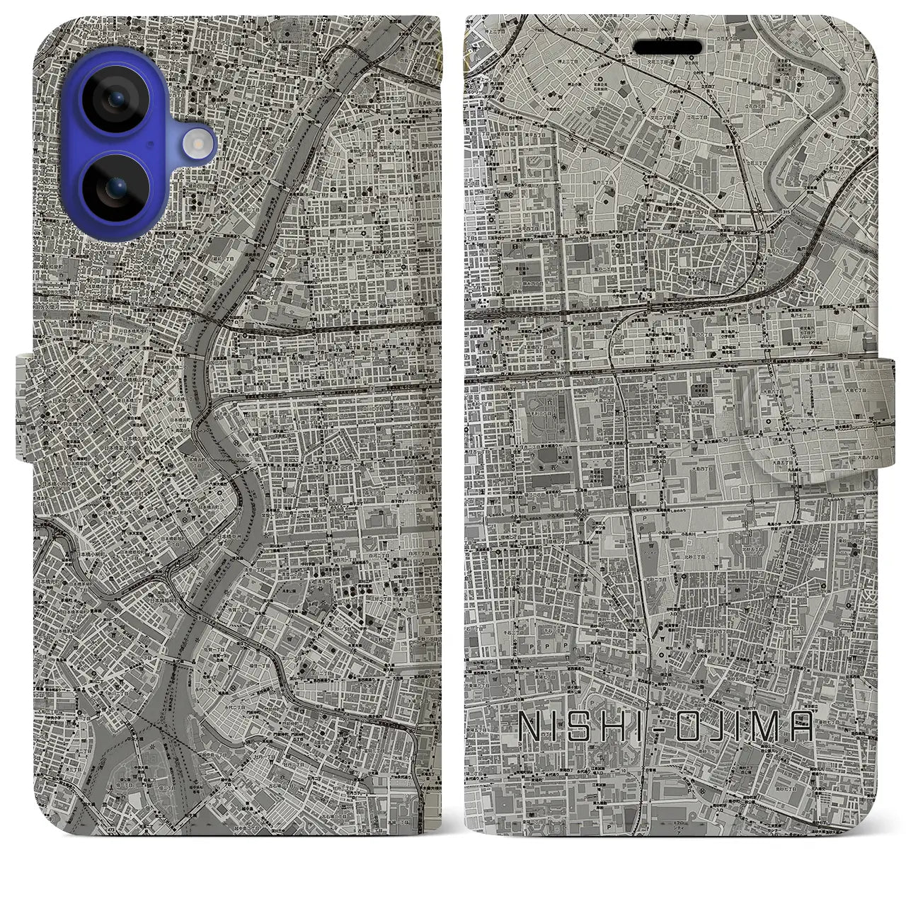 【西大島(東京都)】地図柄iPhoneケース(手帳タイプ)モノトーン・iPhone 16 Pro Max 用