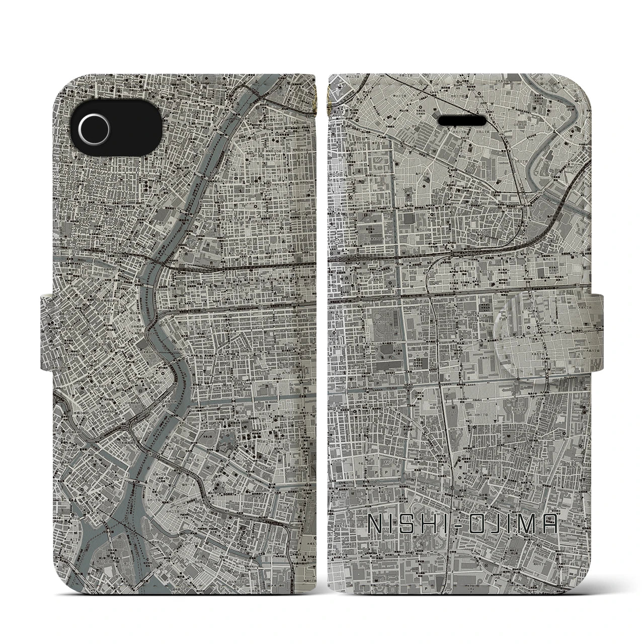 【西大島(東京都)】地図柄iPhoneケース(手帳タイプ)モノトーン・iPhone SE(第3 / 第2世代) / 8 / 7 / 6s / 6 用