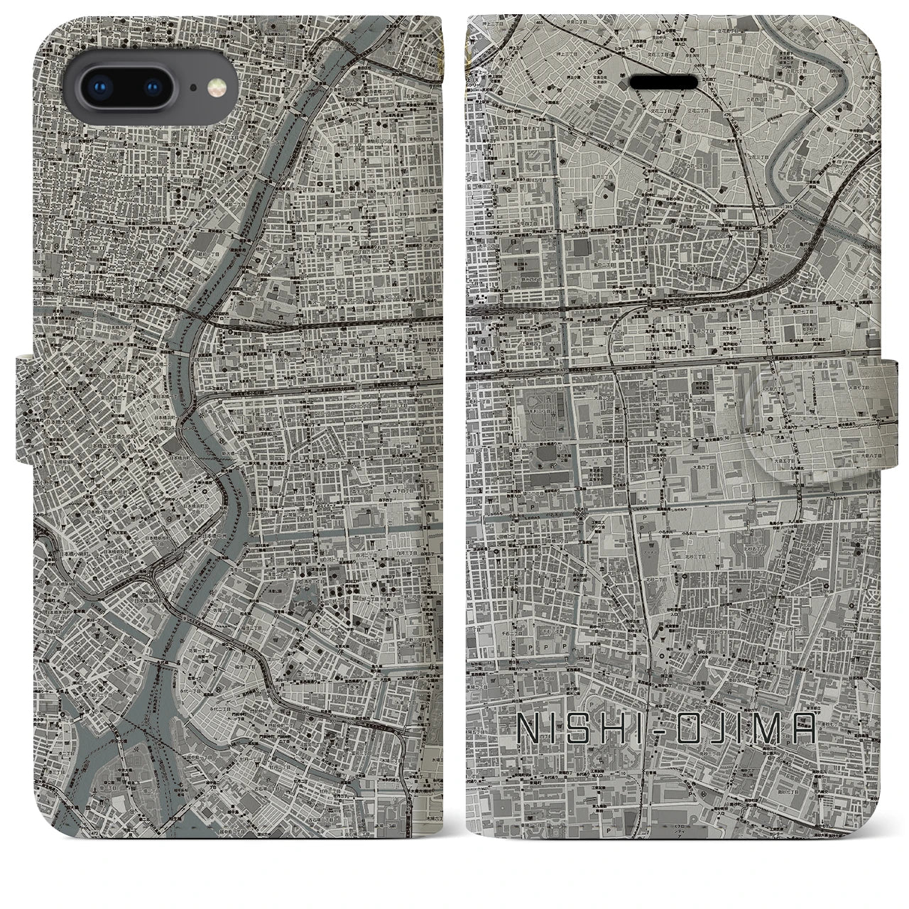 【西大島(東京都)】地図柄iPhoneケース(手帳タイプ)モノトーン・iPhone 8Plus /7Plus / 6sPlus / 6Plus 用