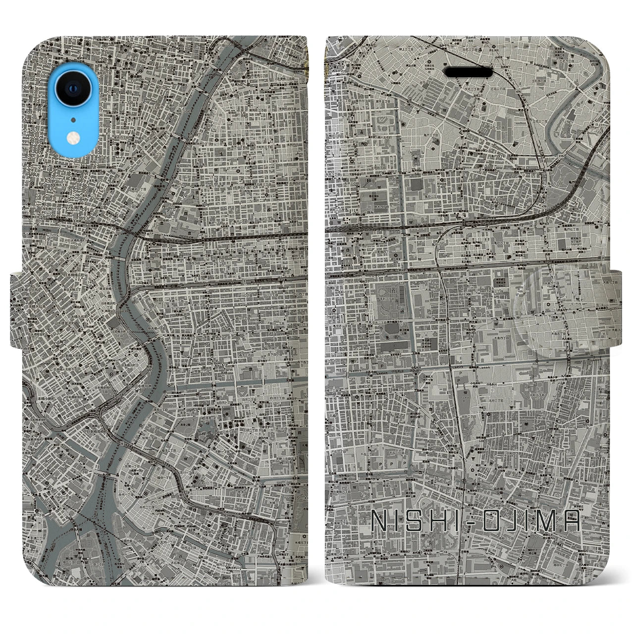 【西大島(東京都)】地図柄iPhoneケース(手帳タイプ)モノトーン・iPhone XR 用