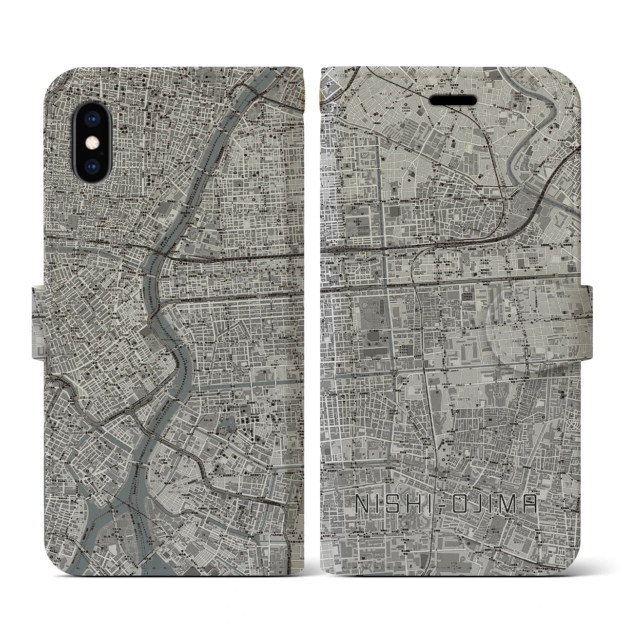 【西大島(東京都)】地図柄iPhoneケース(手帳タイプ)モノトーン・iPhone XS / X 用