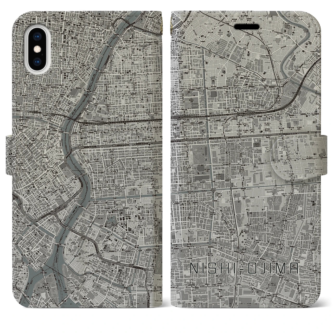 【西大島(東京都)】地図柄iPhoneケース(手帳タイプ)モノトーン・iPhone XS Max 用