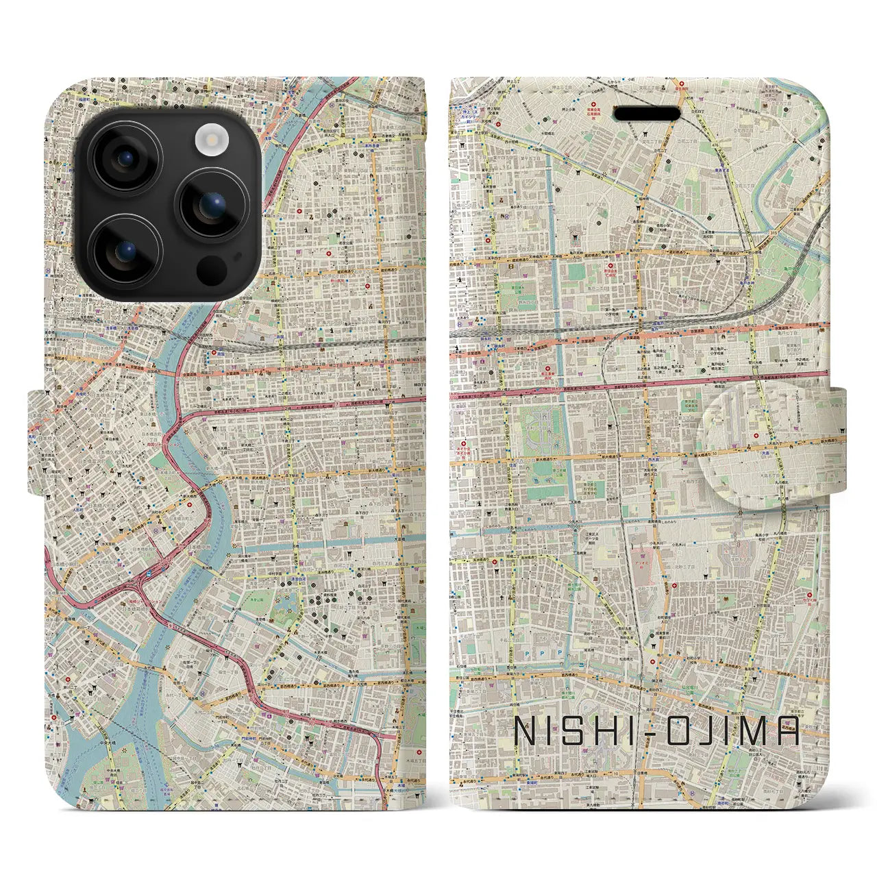 【西大島(東京都)】地図柄iPhoneケース(手帳タイプ)ナチュラル・iPhone 16 用