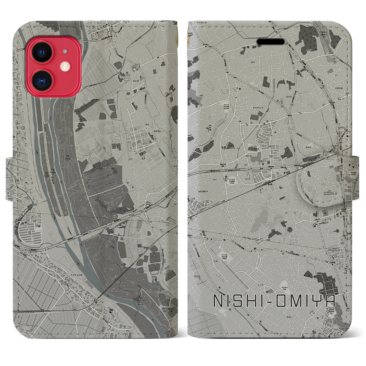【西大宮(埼玉県)】地図柄iPhoneケース(手帳タイプ)モノトーン・iPhone 11 用