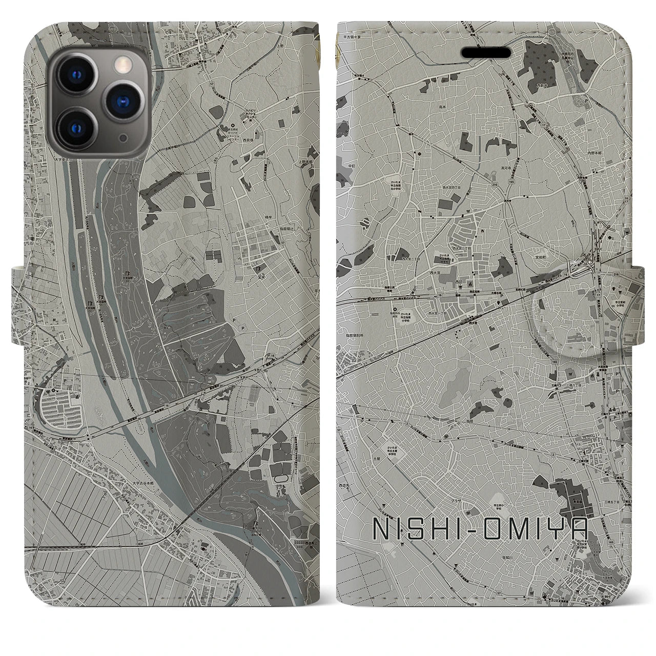 【西大宮(埼玉県)】地図柄iPhoneケース(手帳タイプ)モノトーン・iPhone 11 Pro Max 用
