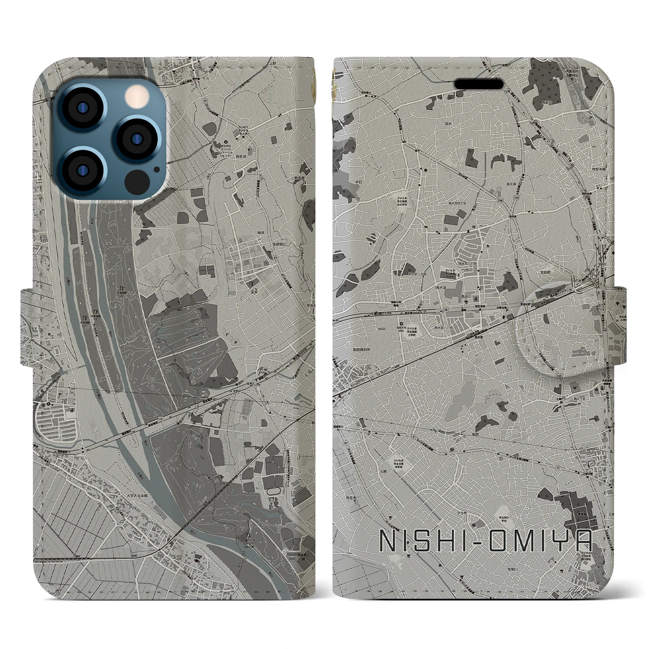 【西大宮(埼玉県)】地図柄iPhoneケース(手帳タイプ)モノトーン・iPhone 12 / 12 Pro 用