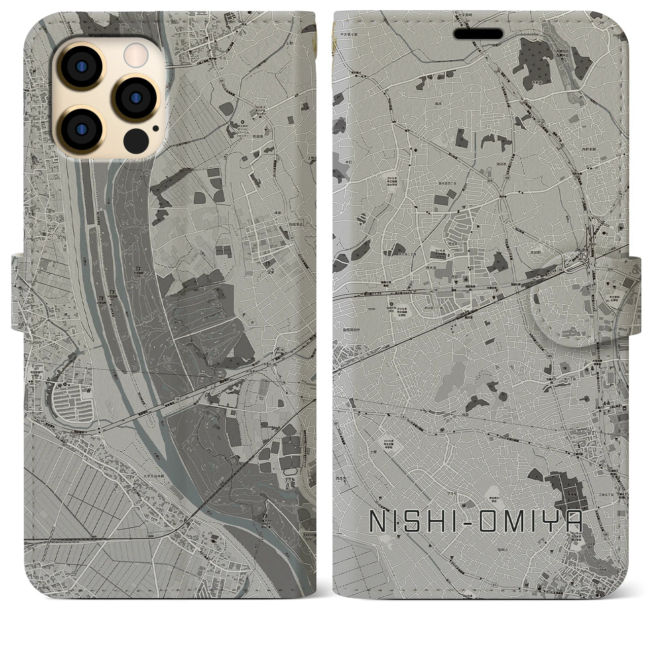 【西大宮(埼玉県)】地図柄iPhoneケース(手帳タイプ)モノトーン・iPhone 12 Pro Max 用