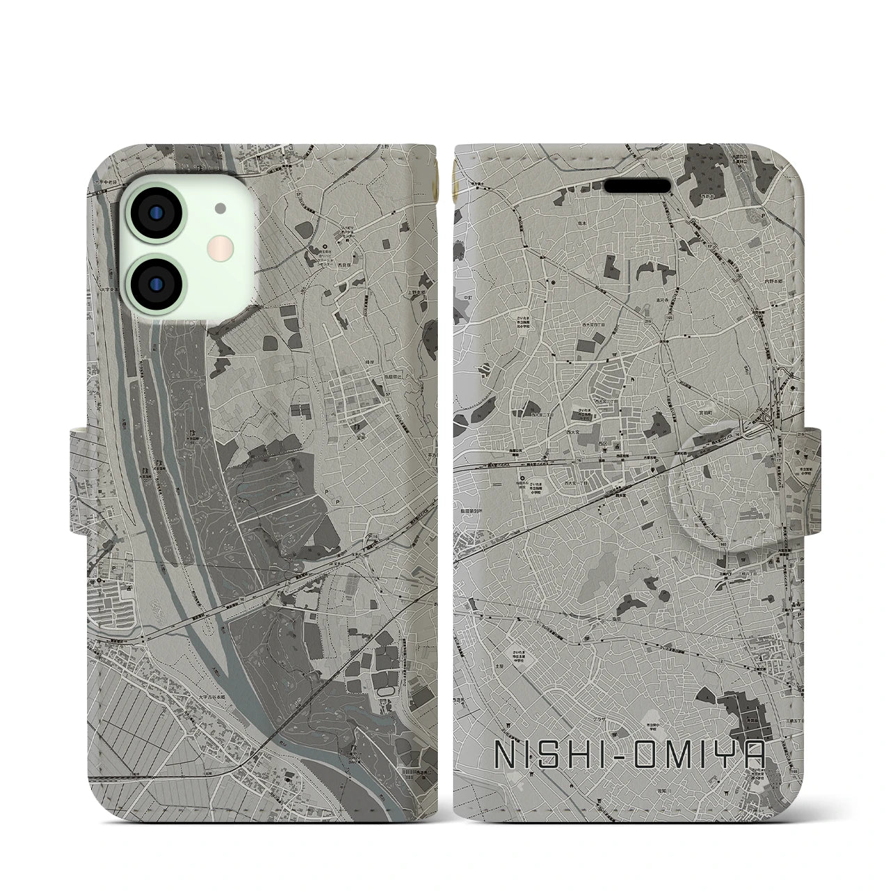 【西大宮(埼玉県)】地図柄iPhoneケース(手帳タイプ)モノトーン・iPhone 12 mini 用
