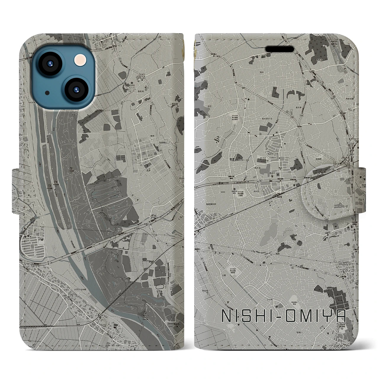 【西大宮(埼玉県)】地図柄iPhoneケース(手帳タイプ)モノトーン・iPhone 13 用