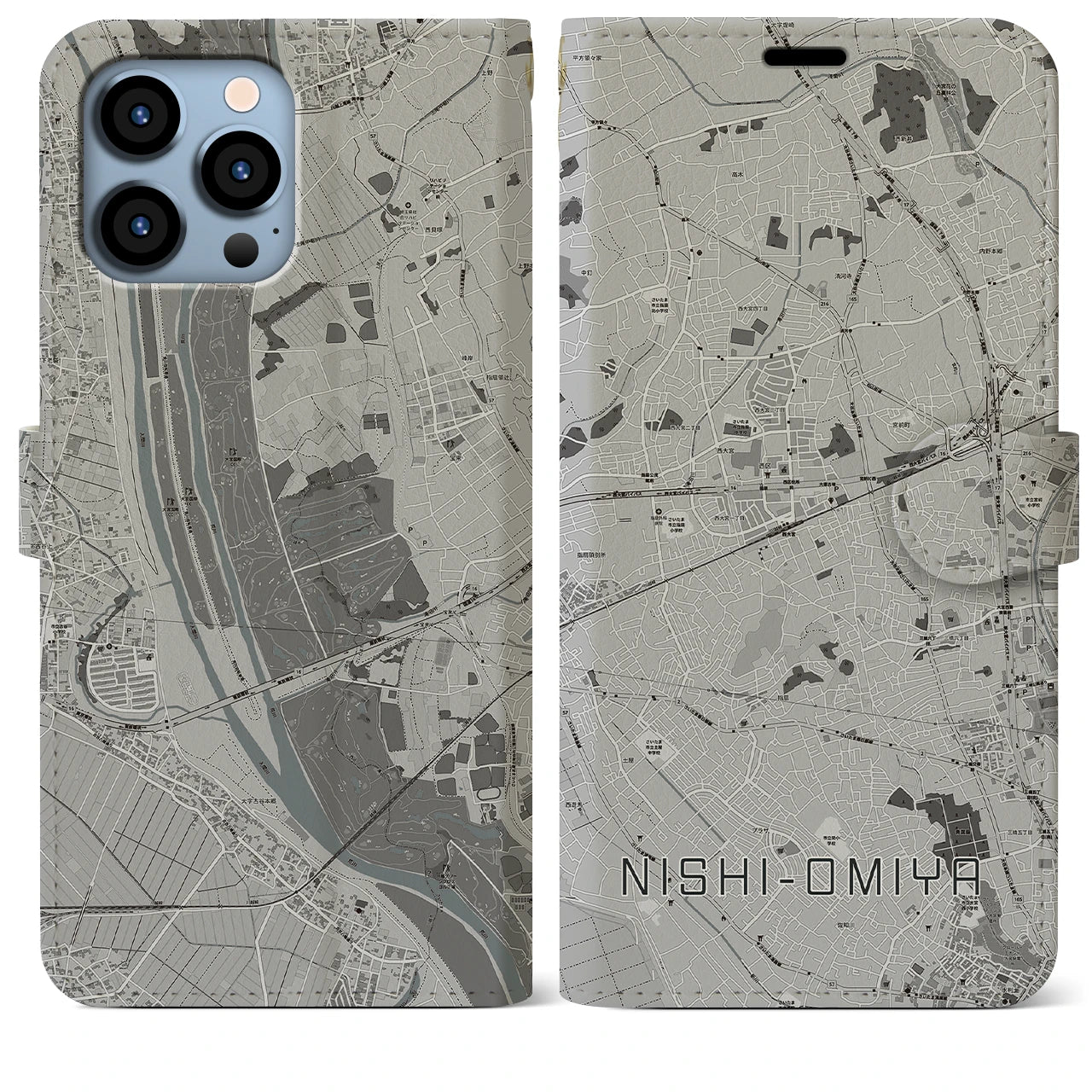 【西大宮(埼玉県)】地図柄iPhoneケース(手帳タイプ)モノトーン・iPhone 13 Pro Max 用