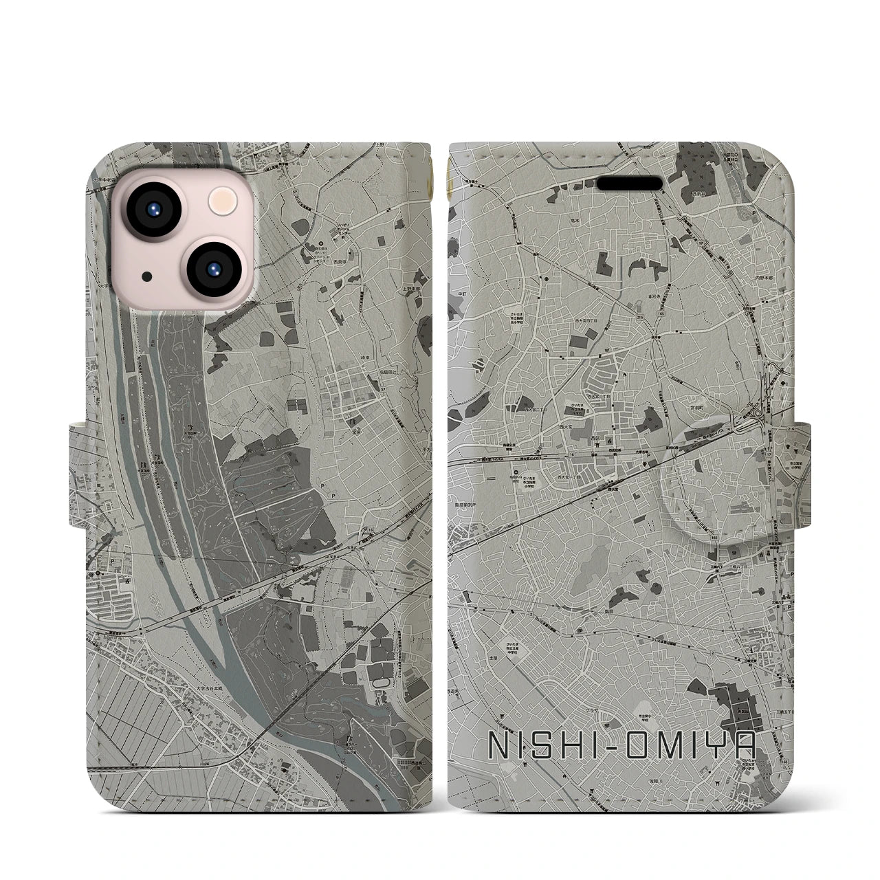 【西大宮(埼玉県)】地図柄iPhoneケース(手帳タイプ)モノトーン・iPhone 13 mini 用