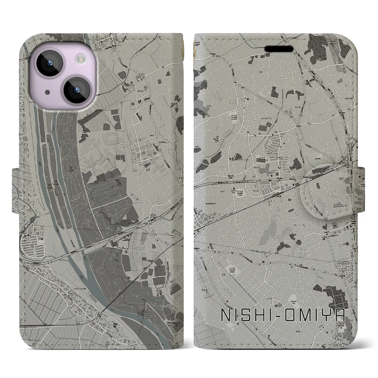 【西大宮(埼玉県)】地図柄iPhoneケース(手帳タイプ)モノトーン・iPhone 14 用