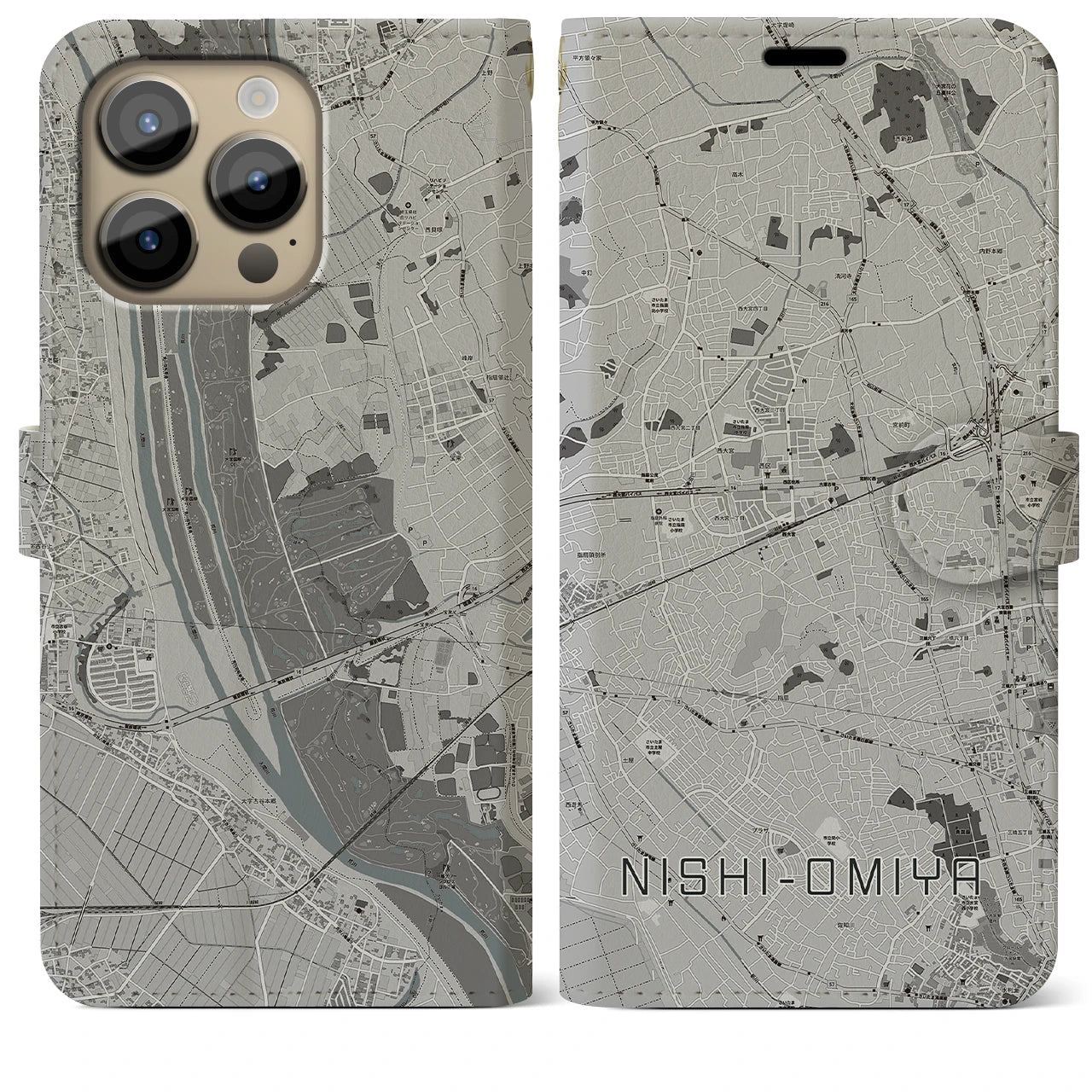 【西大宮(埼玉県)】地図柄iPhoneケース(手帳タイプ)モノトーン・iPhone 14 Pro Max 用