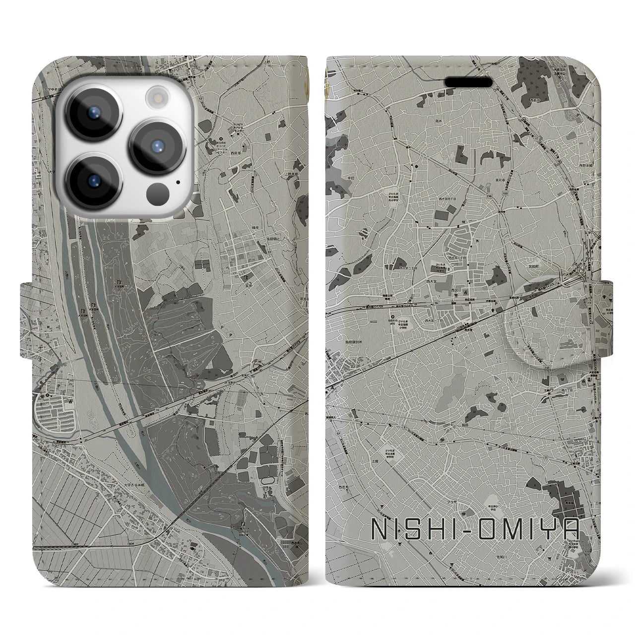 【西大宮(埼玉県)】地図柄iPhoneケース(手帳タイプ)モノトーン・iPhone 14 Pro 用