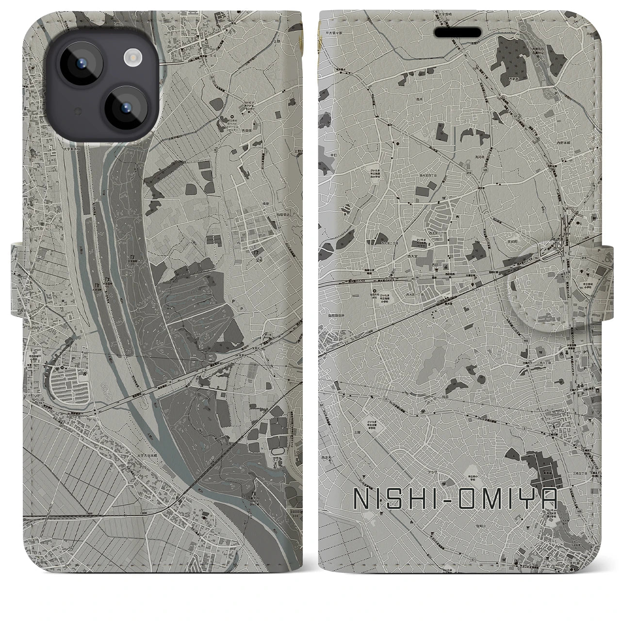 【西大宮(埼玉県)】地図柄iPhoneケース(手帳タイプ)モノトーン・iPhone 14 Plus 用