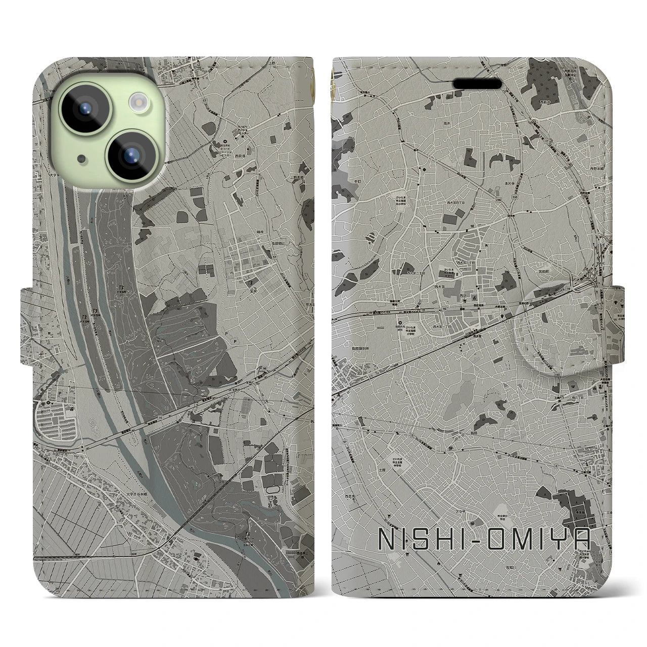 【西大宮(埼玉県)】地図柄iPhoneケース(手帳タイプ)モノトーン・iPhone 15 用