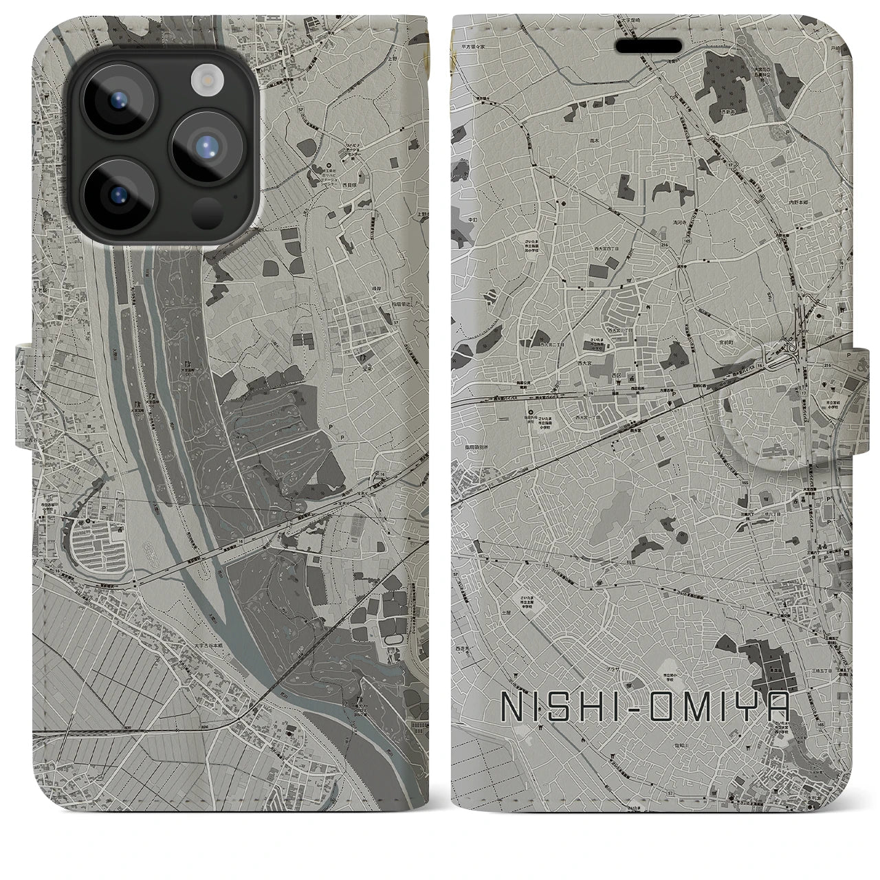 【西大宮(埼玉県)】地図柄iPhoneケース(手帳タイプ)モノトーン・iPhone 15 Pro Max 用