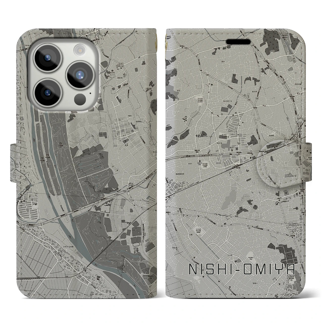 【西大宮(埼玉県)】地図柄iPhoneケース(手帳タイプ)モノトーン・iPhone 15 Pro 用
