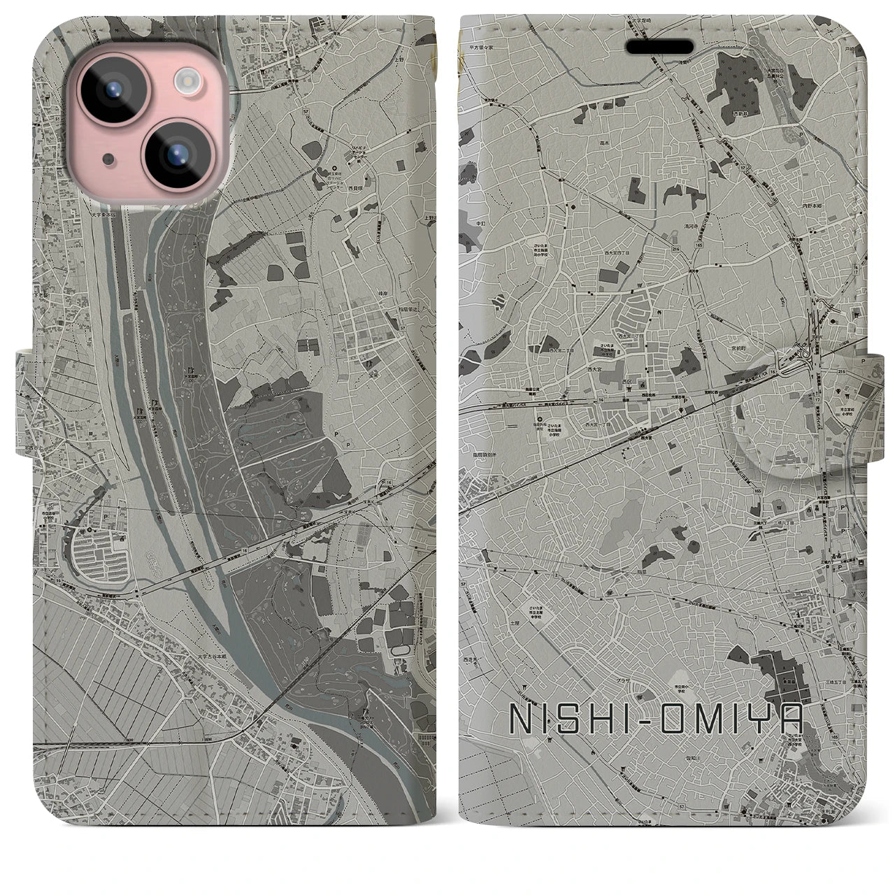 【西大宮(埼玉県)】地図柄iPhoneケース(手帳タイプ)モノトーン・iPhone 15 Plus 用