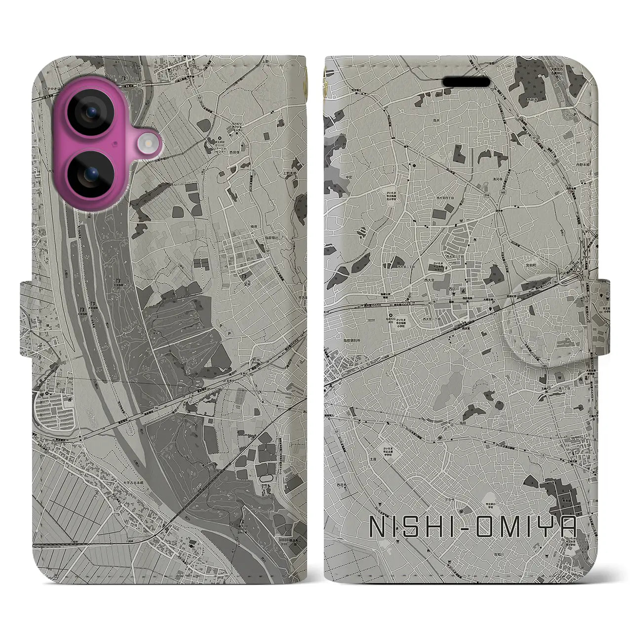 【西大宮(埼玉県)】地図柄iPhoneケース(手帳タイプ)モノトーン・iPhone 16 Pro 用