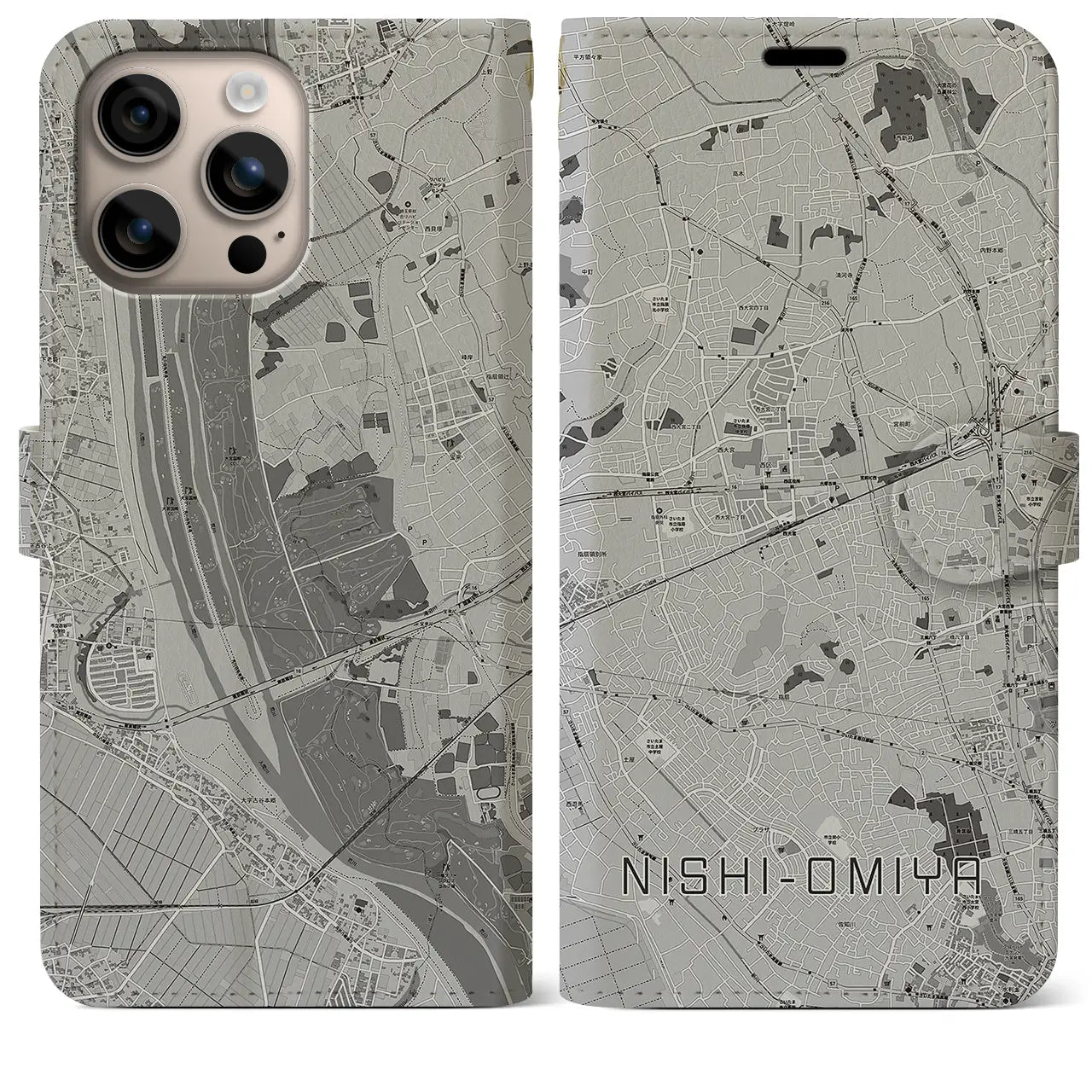 【西大宮(埼玉県)】地図柄iPhoneケース(手帳タイプ)モノトーン・iPhone 16 Plus 用