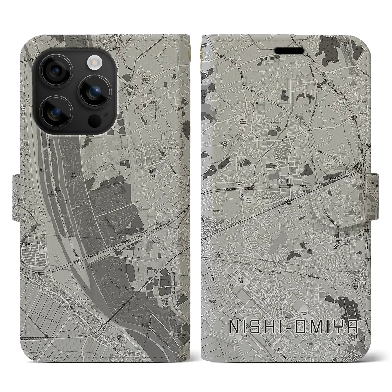 【西大宮(埼玉県)】地図柄iPhoneケース(手帳タイプ)モノトーン・iPhone 16 用