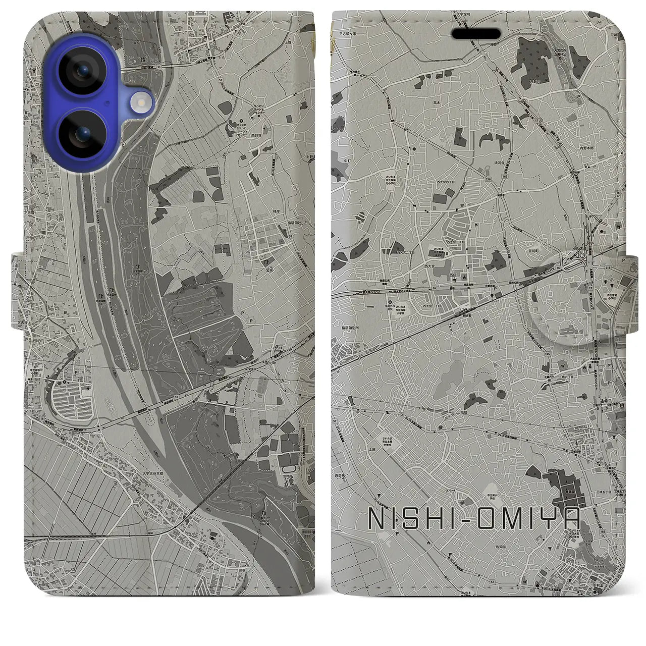 【西大宮(埼玉県)】地図柄iPhoneケース(手帳タイプ)モノトーン・iPhone 16 Pro Max 用
