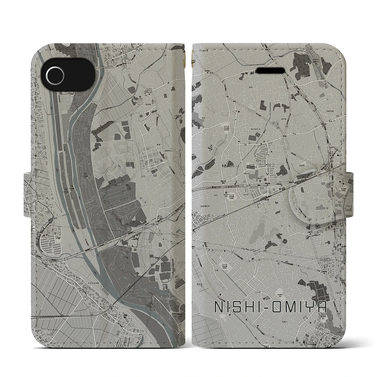 【西大宮(埼玉県)】地図柄iPhoneケース(手帳タイプ)モノトーン・iPhone SE(第3 / 第2世代) / 8 / 7 / 6s / 6 用