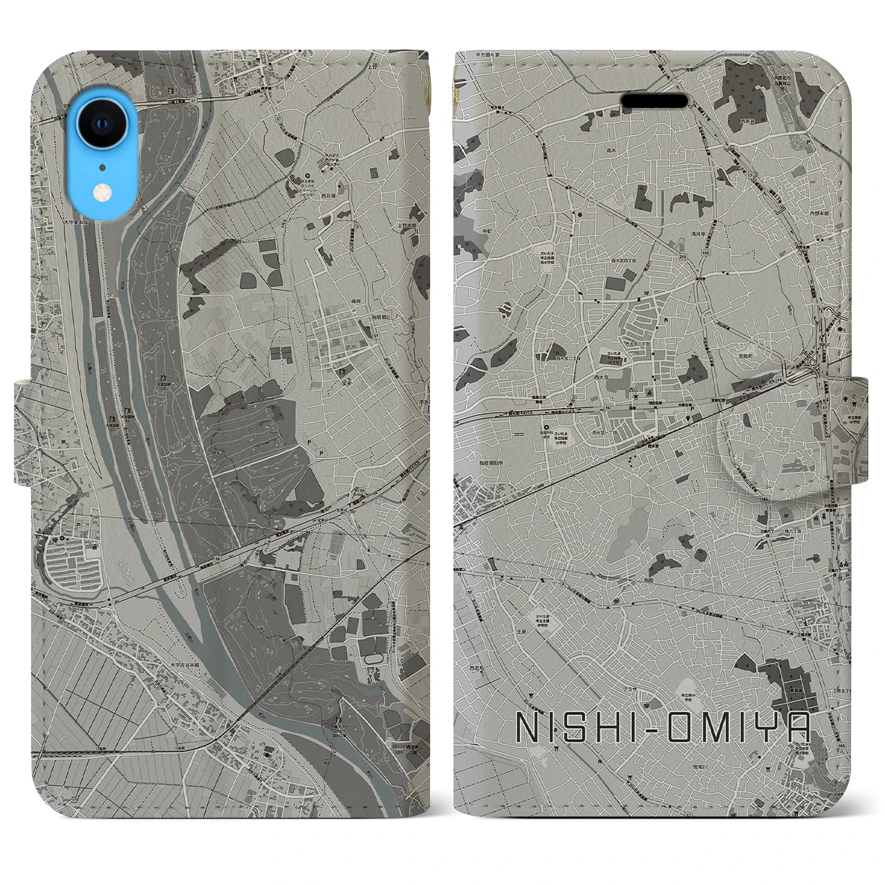 【西大宮(埼玉県)】地図柄iPhoneケース(手帳タイプ)モノトーン・iPhone XR 用