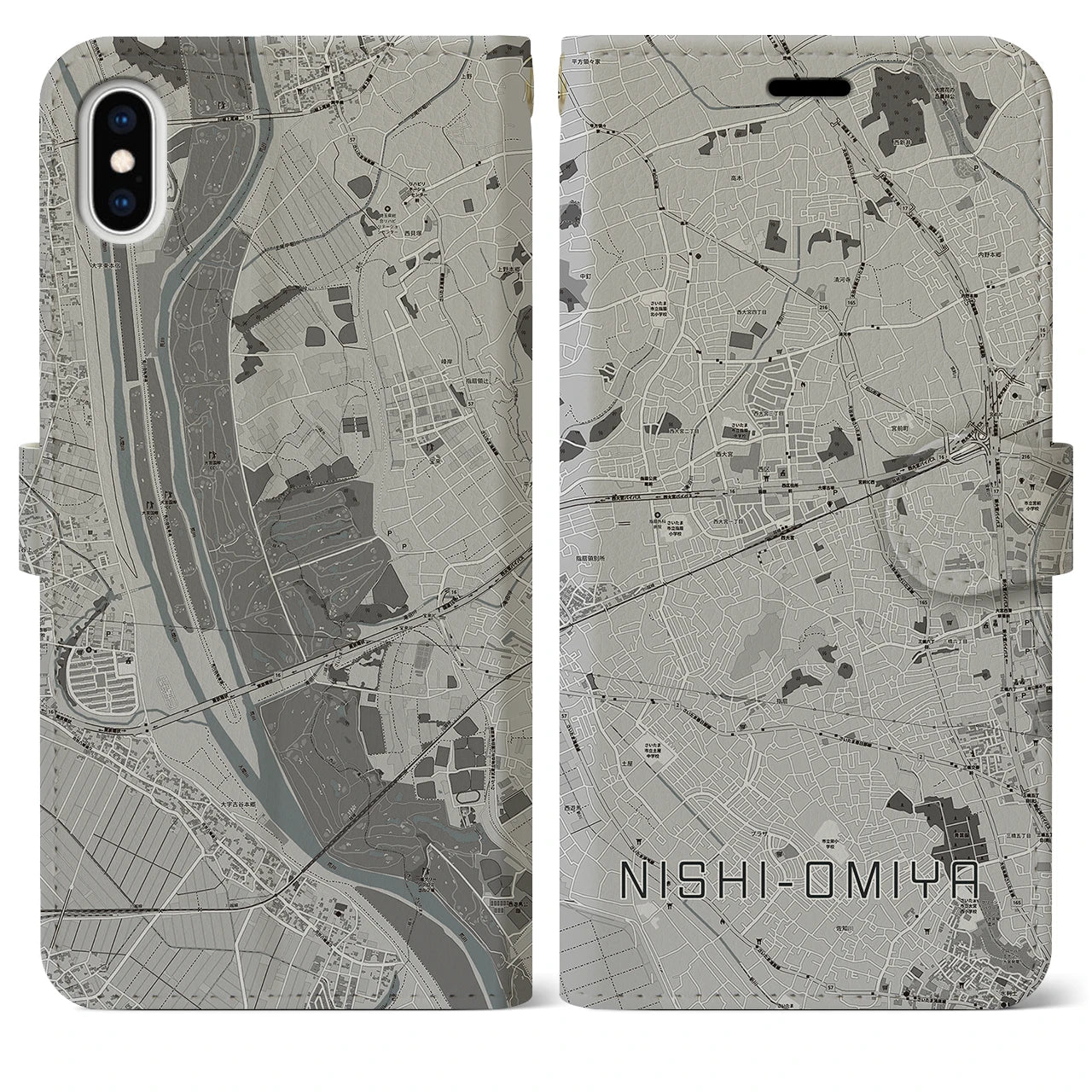 【西大宮(埼玉県)】地図柄iPhoneケース(手帳タイプ)モノトーン・iPhone XS Max 用