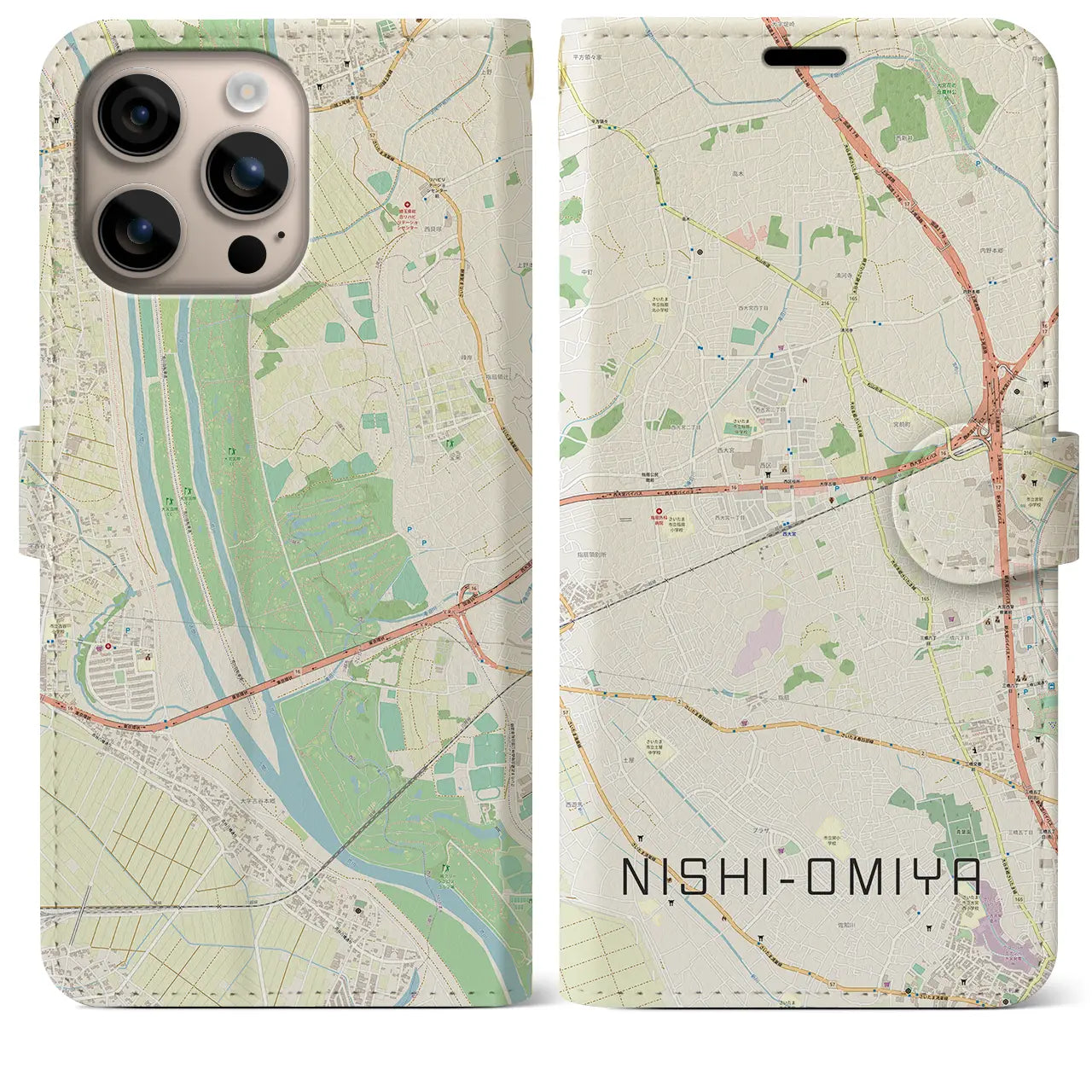 【西大宮(埼玉県)】地図柄iPhoneケース(手帳タイプ)ナチュラル・iPhone 16 Plus 用