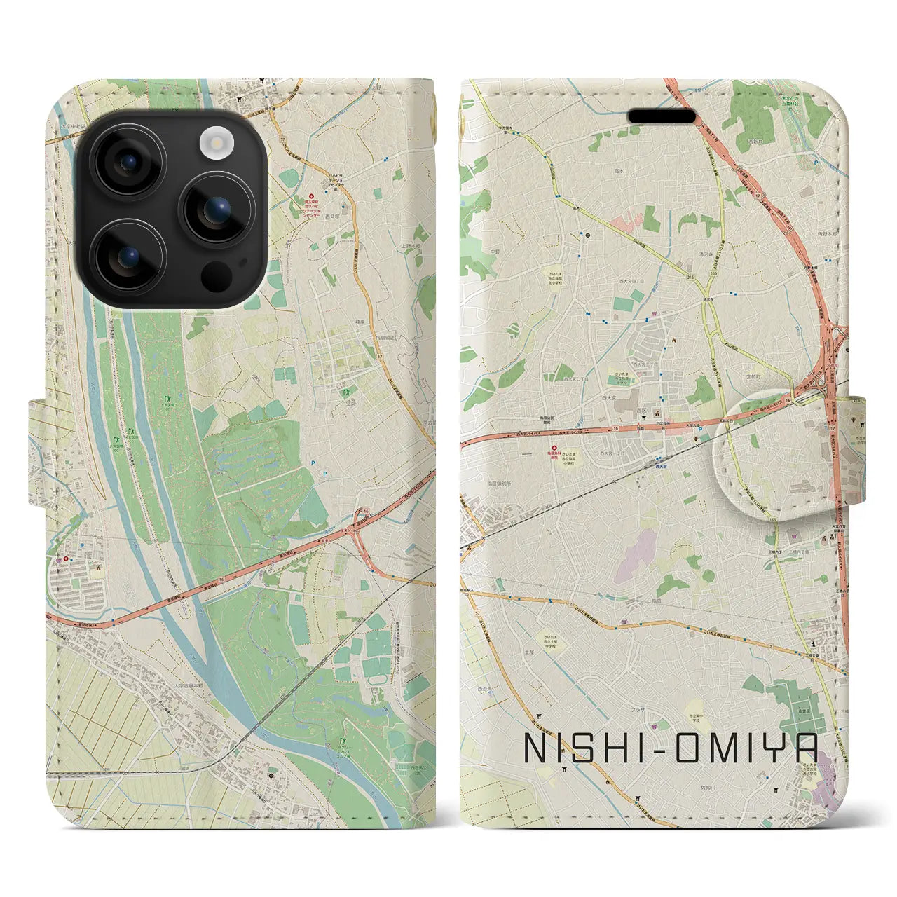 【西大宮(埼玉県)】地図柄iPhoneケース(手帳タイプ)ナチュラル・iPhone 16 用