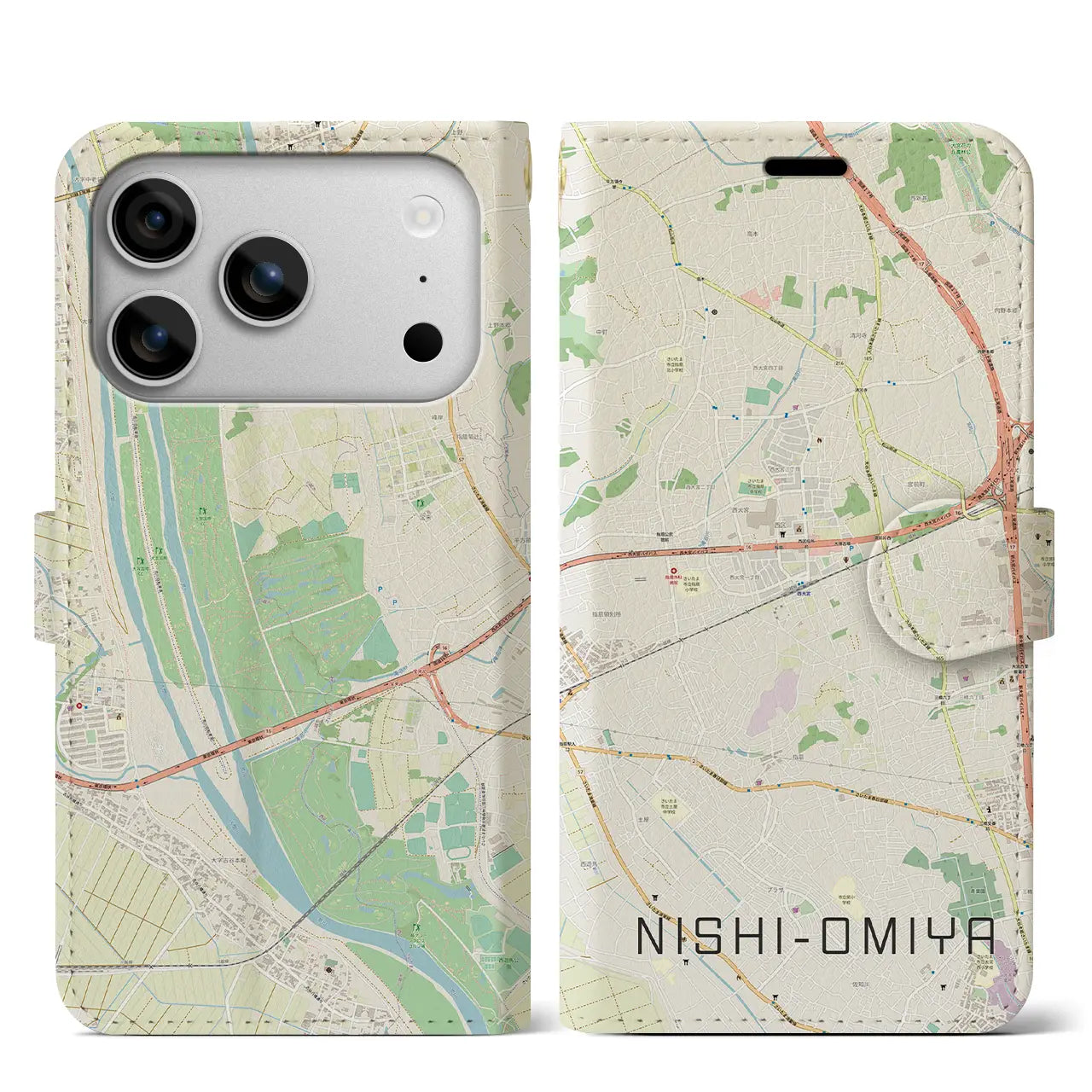 【西大宮(埼玉県)】地図柄iPhoneケース(手帳タイプ)ナチュラル・iPhone 17 Pro Max 用