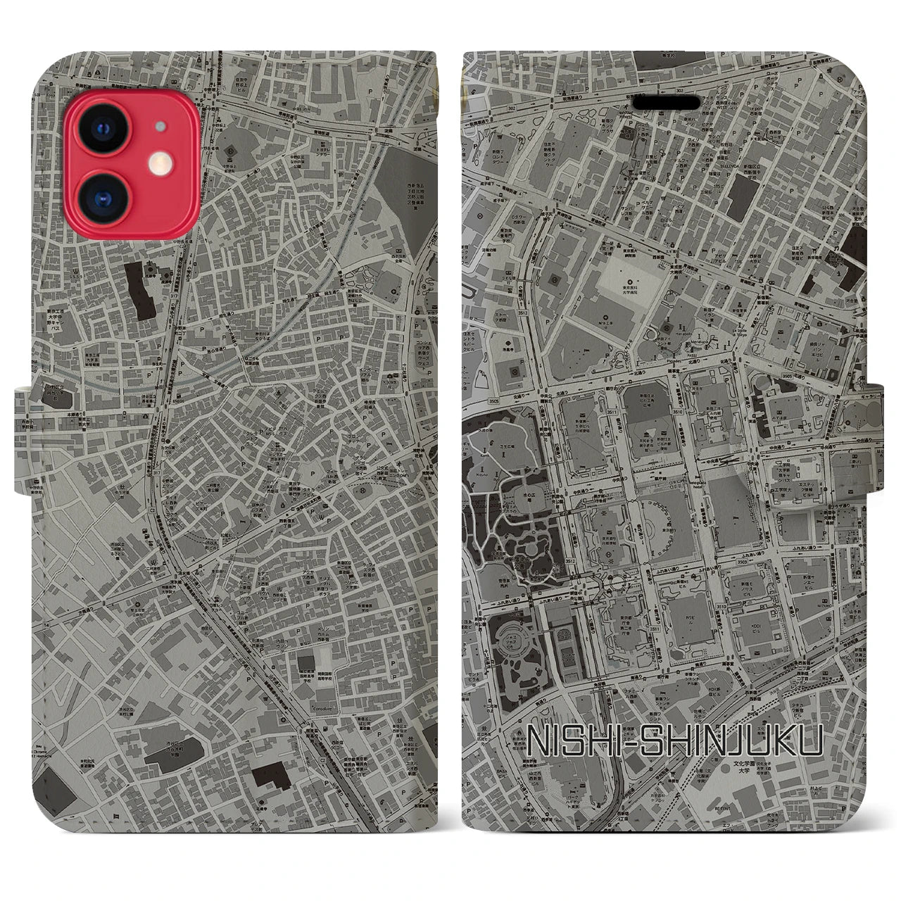 【西新宿(東京都)】地図柄iPhoneケース(手帳タイプ)モノトーン・iPhone 11 用