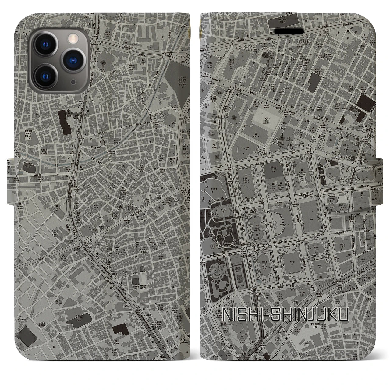 【西新宿(東京都)】地図柄iPhoneケース(手帳タイプ)モノトーン・iPhone 11 Pro Max 用