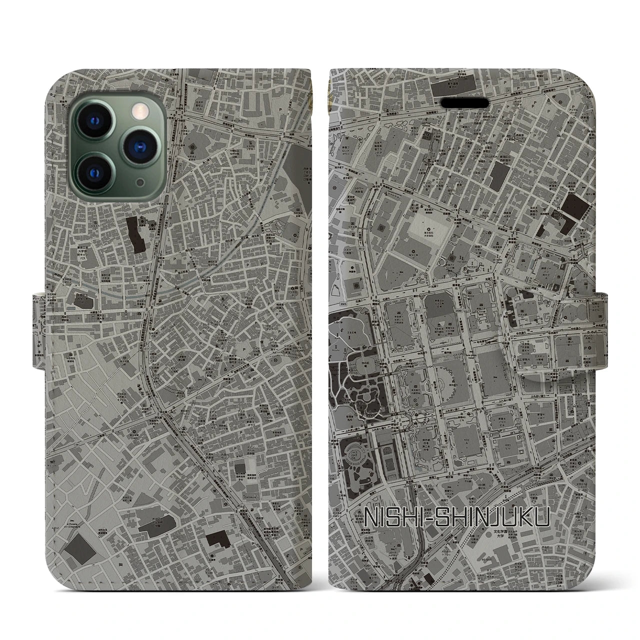 【西新宿(東京都)】地図柄iPhoneケース(手帳タイプ)モノトーン・iPhone 11 Pro 用