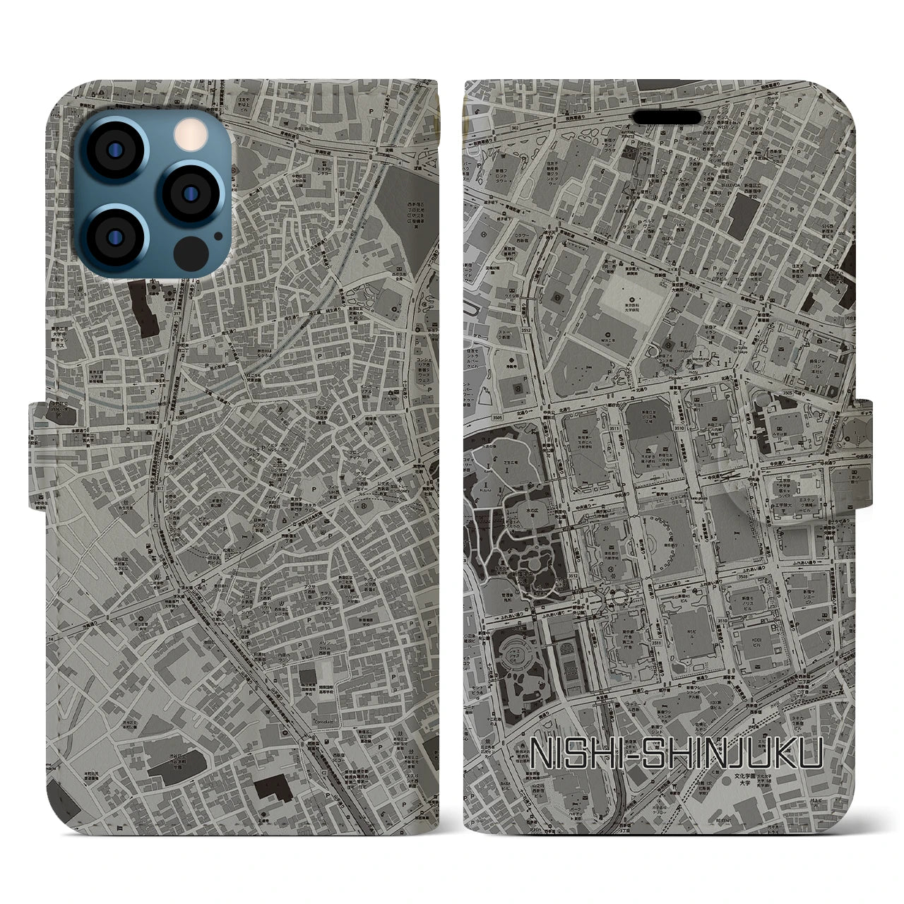 【西新宿(東京都)】地図柄iPhoneケース(手帳タイプ)モノトーン・iPhone 12 / 12 Pro 用