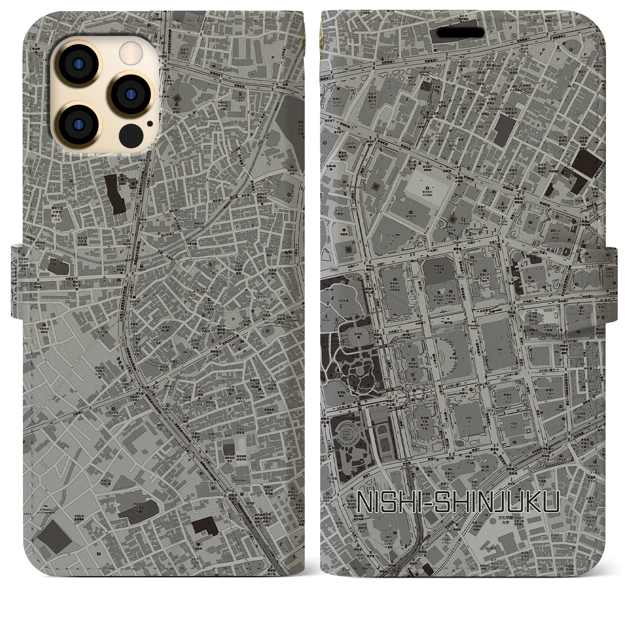 【西新宿(東京都)】地図柄iPhoneケース(手帳タイプ)モノトーン・iPhone 12 Pro Max 用