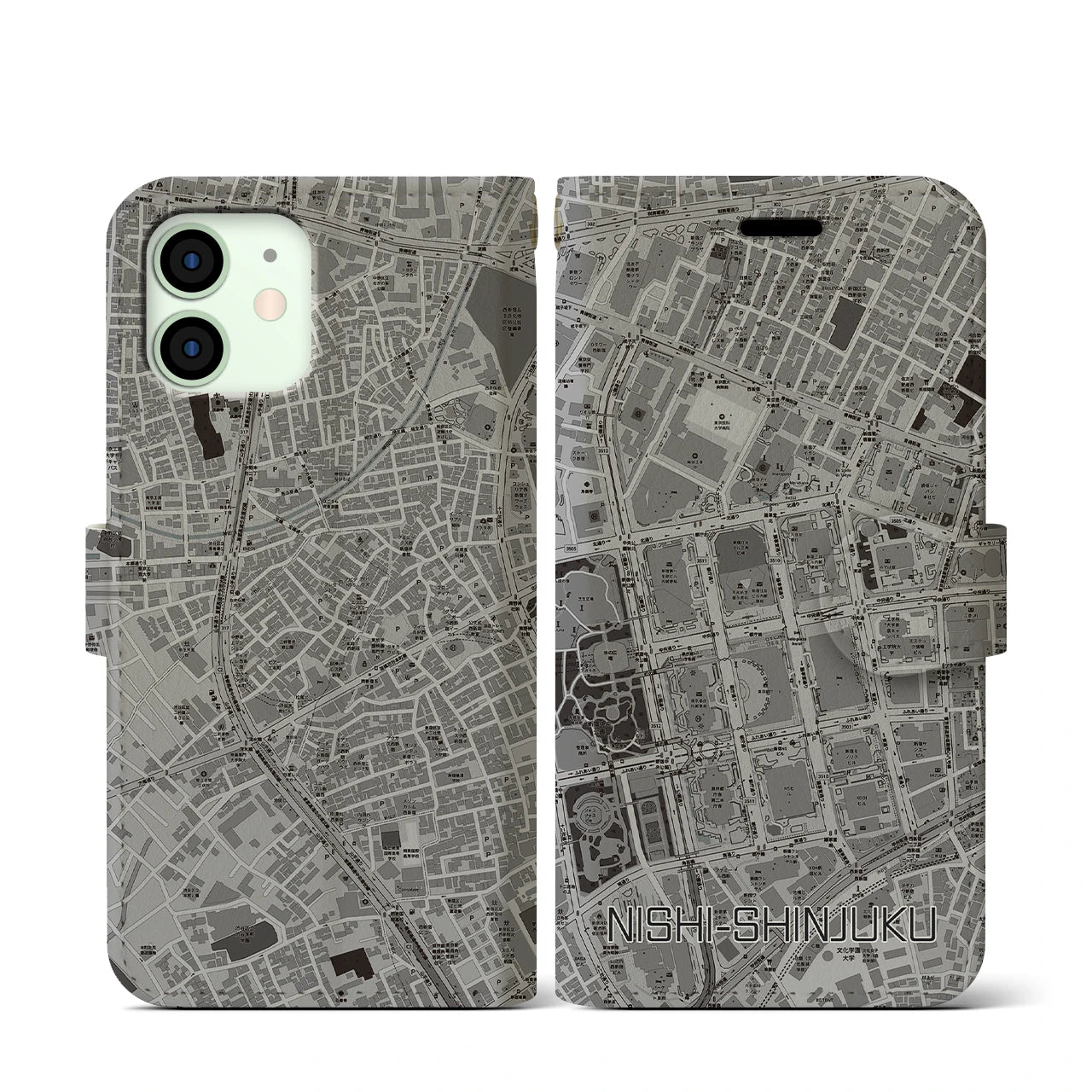 【西新宿(東京都)】地図柄iPhoneケース(手帳タイプ)モノトーン・iPhone 12 mini 用