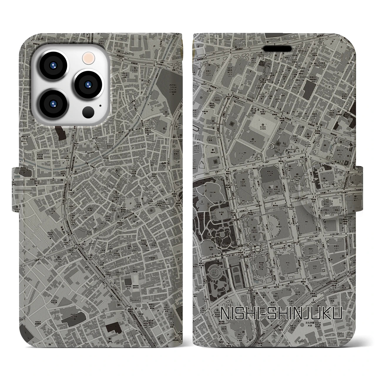 【西新宿(東京都)】地図柄iPhoneケース(手帳タイプ)モノトーン・iPhone 13 Pro 用