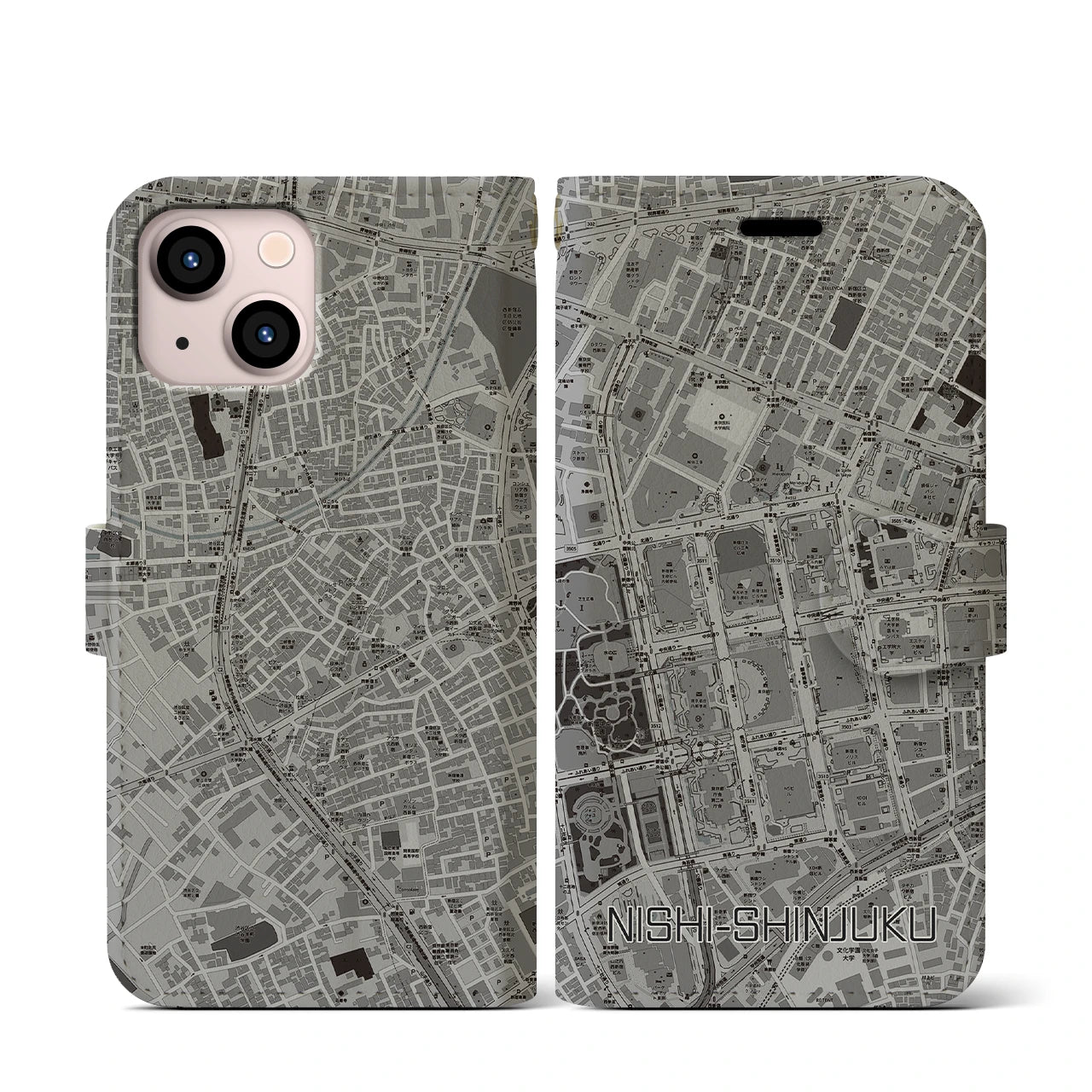 【西新宿(東京都)】地図柄iPhoneケース(手帳タイプ)モノトーン・iPhone 13 mini 用