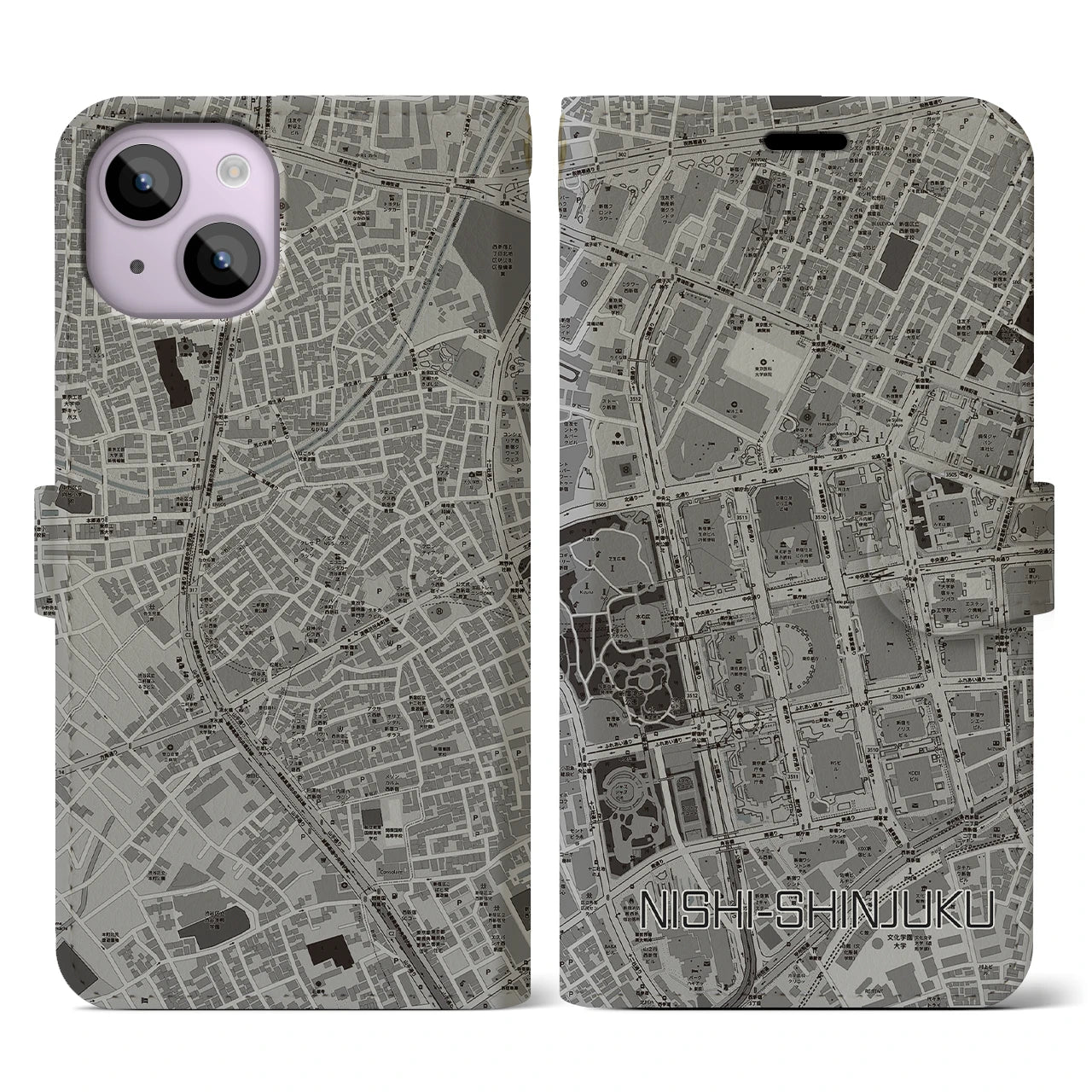 【西新宿(東京都)】地図柄iPhoneケース(手帳タイプ)モノトーン・iPhone 14 用