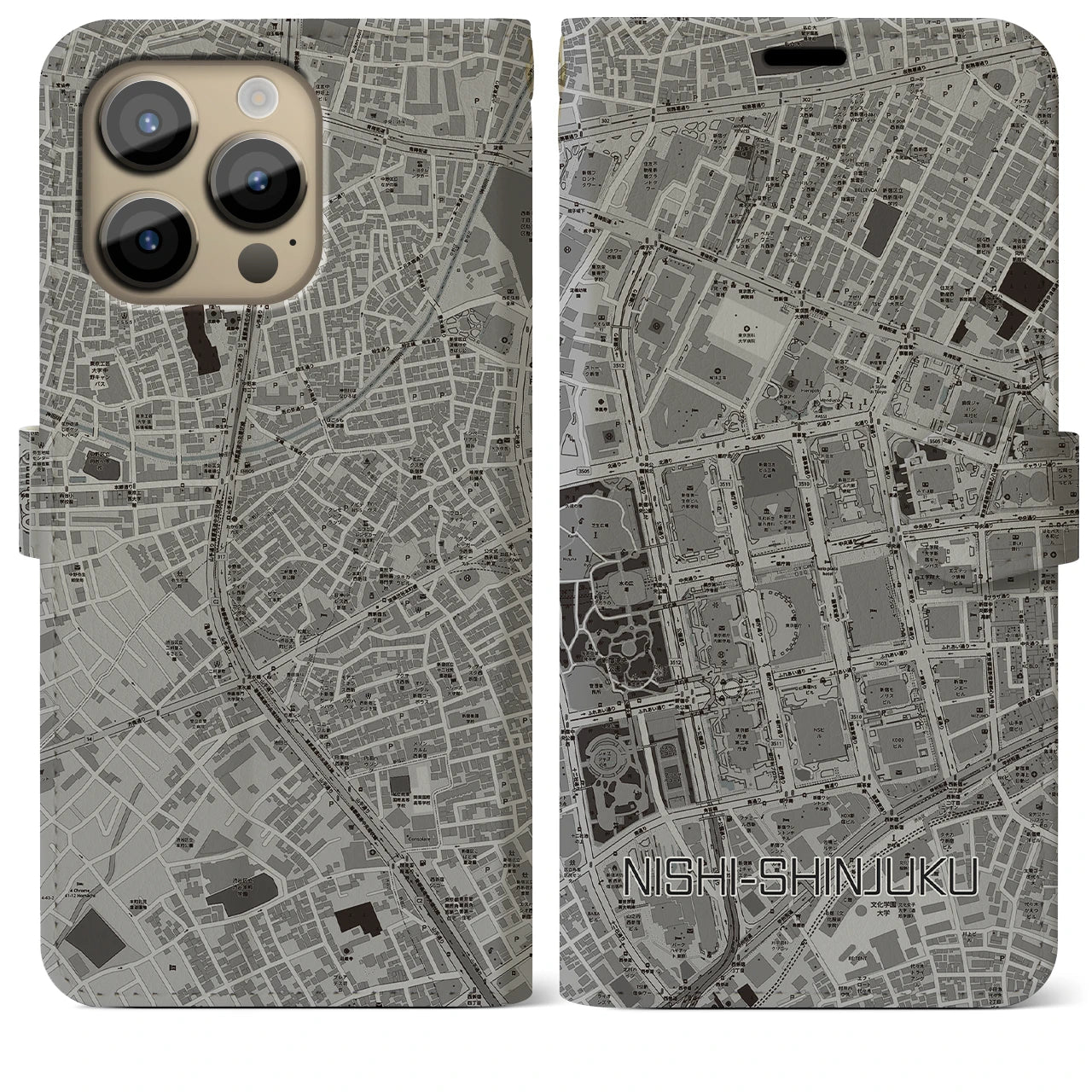 【西新宿(東京都)】地図柄iPhoneケース(手帳タイプ)モノトーン・iPhone 14 Pro Max 用