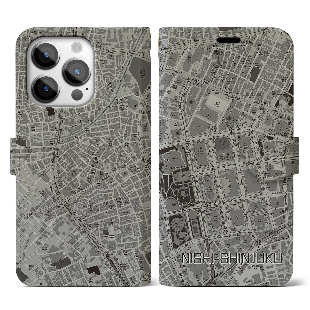 【西新宿(東京都)】地図柄iPhoneケース(手帳タイプ)モノトーン・iPhone 14 Pro 用