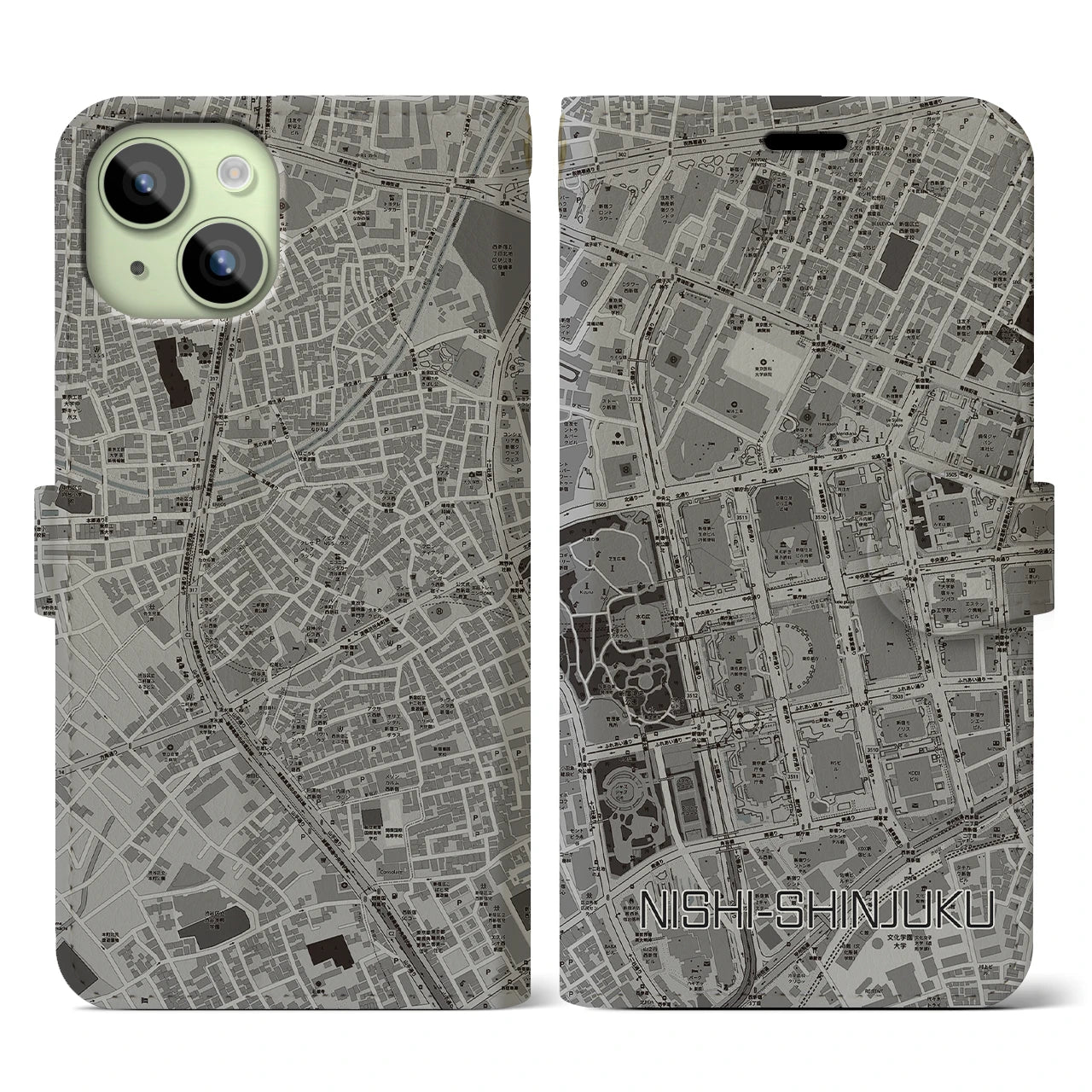 【西新宿(東京都)】地図柄iPhoneケース(手帳タイプ)モノトーン・iPhone 15 用
