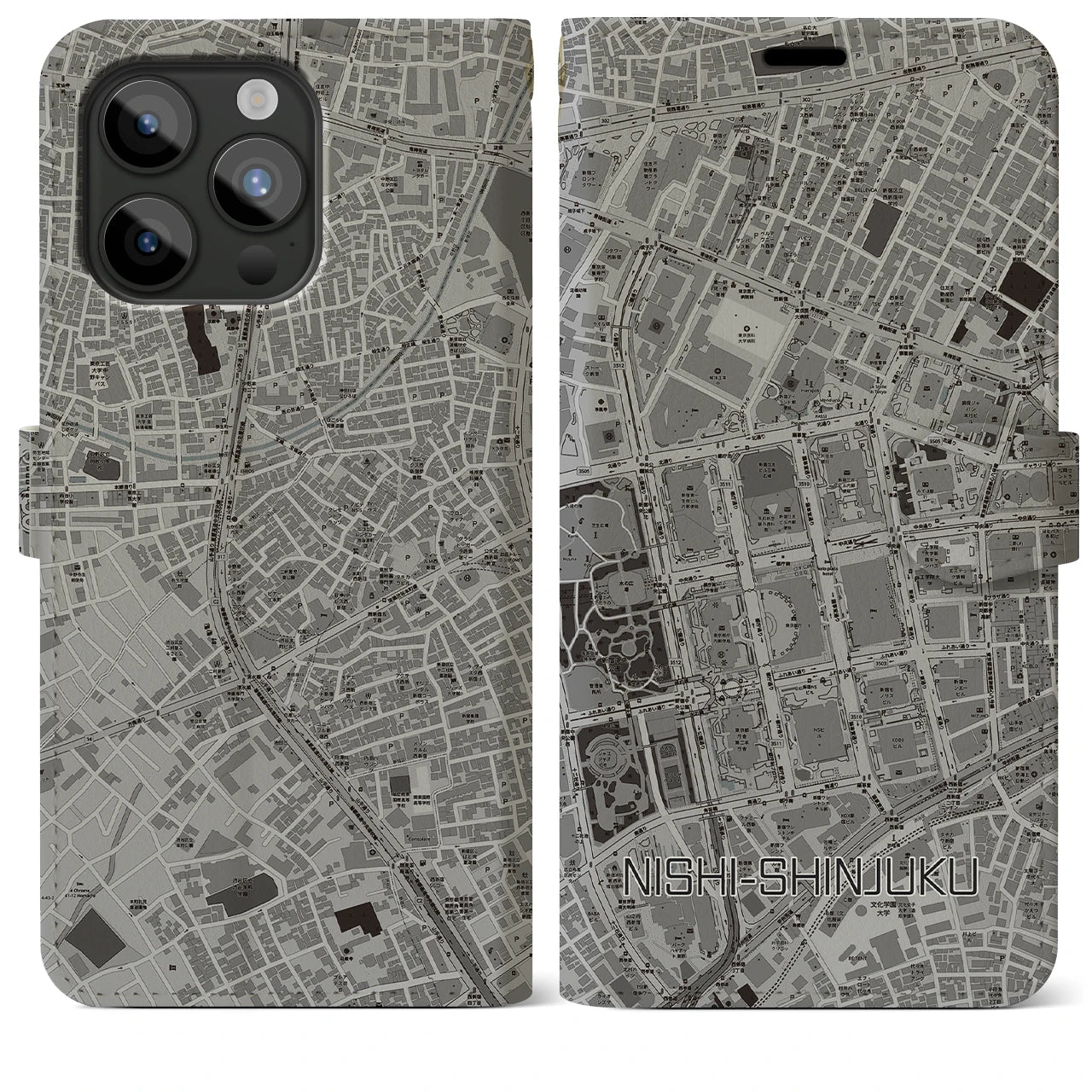 【西新宿(東京都)】地図柄iPhoneケース(手帳タイプ)モノトーン・iPhone 15 Pro Max 用