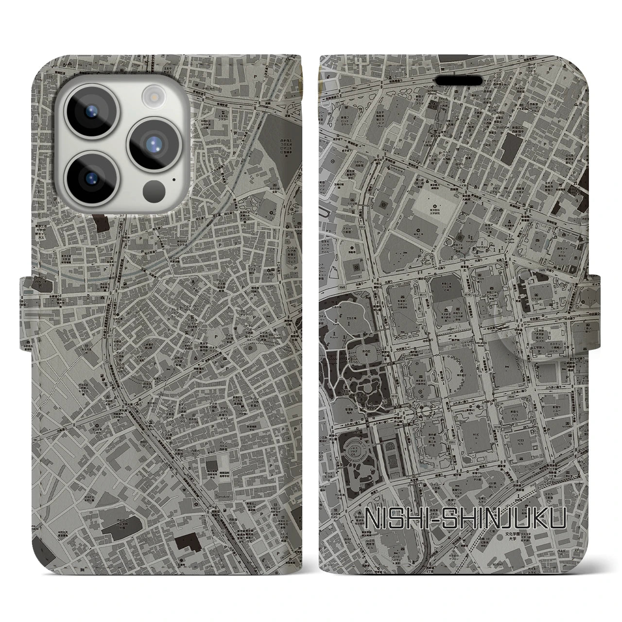 【西新宿(東京都)】地図柄iPhoneケース(手帳タイプ)モノトーン・iPhone 15 Pro 用